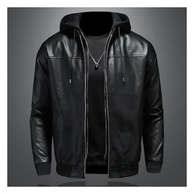 (black, L) Leather Men&apos;s And New Casual Hooded Jacket Handsome Motorcycle Jacket With Cotto