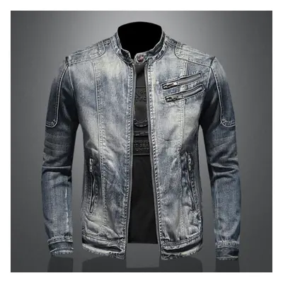 (blue, XL) Male Blue Denim Jacket Casual Retro Style Stand-up Collar Men&apos;s Coat Multi Zippe