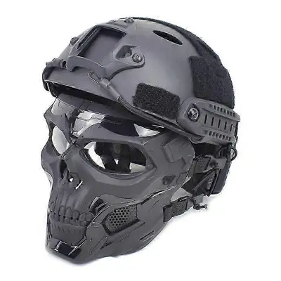 (Mask and Helmet) Tactical Mask Protective Full Face Clear Goggle Skull Mask Dual Mode Wearing D