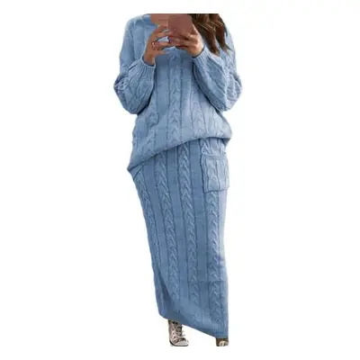 (blue, XXXXXL) Winter Women Knitted Pieces Set Casual Solid Color Long Sleeve Pullovers Sweater 