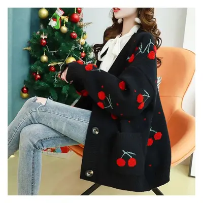 (black, L) Women Fruit Printting Knitted Sweater Cardigans Single Breasted Long Sleeve Loose Swe