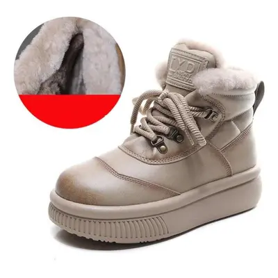 (apricot, 38) Johnature Genuine Leather Casual Snow Boots Women Warm Plush Short Boots Thick Sol