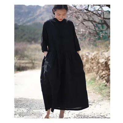 (black, One Size) Johnature Women Shirt Dress Vintage Pockets Women Maxi Dresses