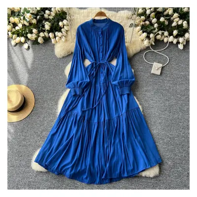 (blue, One Size) Frenchic Vintage Maxi Dress Women Stand Collar Lantern Sleeve Lace-up Female A-