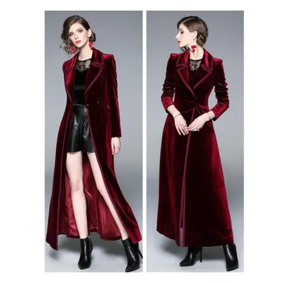 (red, L) Women&apos;s Coat Winter Women Vintage Notched Collar Wrap Black Velvet Maxi Coat Thick