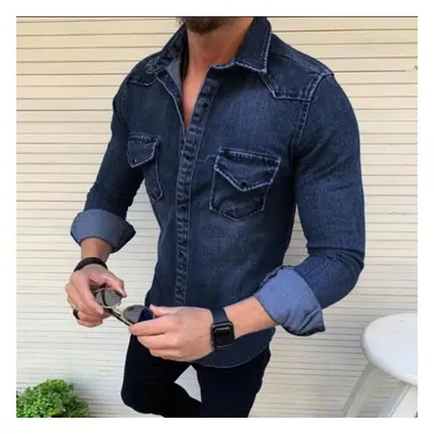 (navy blue, M) Fashion Men&apos;s Denim Jacket Long Sleeve Shirt