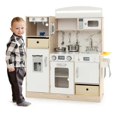 Wooden Play Kitchen Kids Pretend Play Toy W/Adjustable LED Lights Coffee Maker