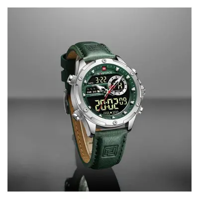 (Silver And Green, 260mm) Naviforce NF9208 Dual Display Quartz Analog LCD Digital Men&apos;s Wat