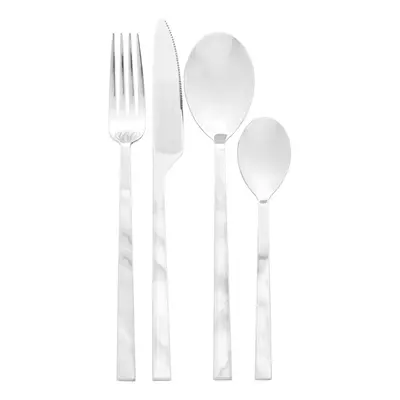 16 Pc White Faux Marble Cutlery Set, Stainless Steel Silver Cutlery Set , Marble Effect Cutlery 