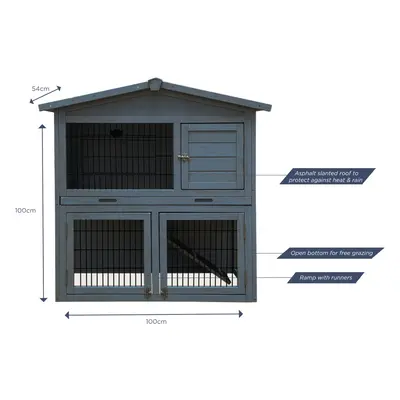 (Grey) Charles Bentley Two Storey Rabbit Hutch with Play Area Rubber Coated Mesh Stainless Steel