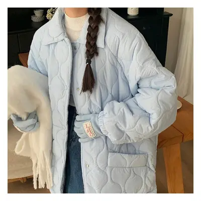 (light blue, L) Sweet Color Casual Lamb Wool Coats Women Korean Fashion Cotton Padded Jacket Fem