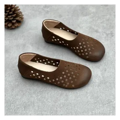 (coffee, 37) Johnature Retro Women Flats Shoes Genuine Leather Round Toe Shallow Hollow-out Brea