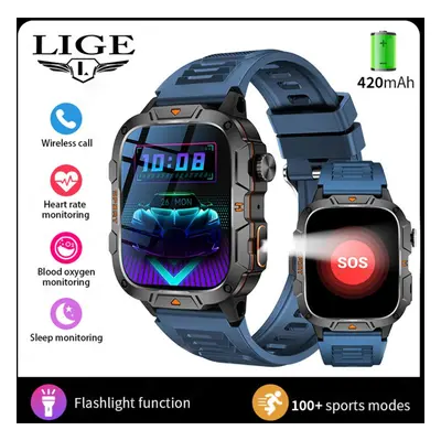 (blue, silicone strap) Lige New Led Flashlight Smart Watch 420mah Bluetooth Call Sports Fitness 