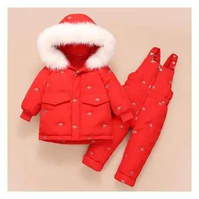 (red, 80cm) Thickened Children&apos;s Down Jacket Set With Two-piece Suspenders And Fur Collar T