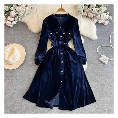 (navy blue, XL) Autumn Winter Velvet Party Dress Runway High Quality Women&apos;s V Neck Single 