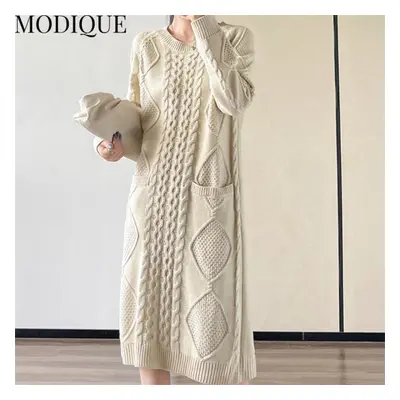 (beige, L) Modique Spring Plus Size New Women Loose Basics Vintage Solid Color Sweater Long Dres