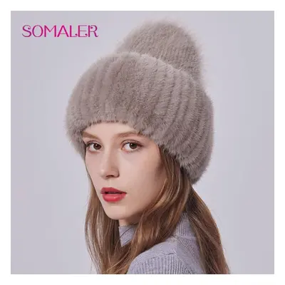 (camel) Somaler Winter Angoro Wool Knit Hats With Real Mink Fur Strips Brim Cuff Beanie For Wome