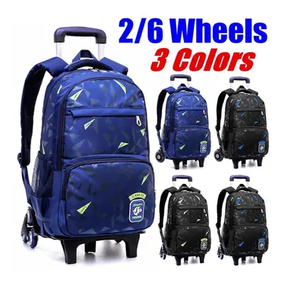 (blue, Wheel) Waterproof Removable Children School Bags With 2/6 Wheels Stairs Kids Trolley Scho