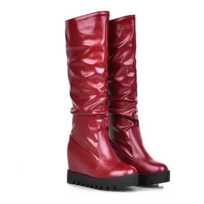 (red, 36) 7/women&apos;s Slope Heel Boots Are Simple And Comfortable. Thick Soled Solid Color Au