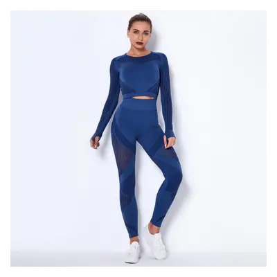 (dark blue, L) Women&apos;s Seamless Mesh Hole Fast Drying O Neck Long Sleeve Stripe Fitness Pan