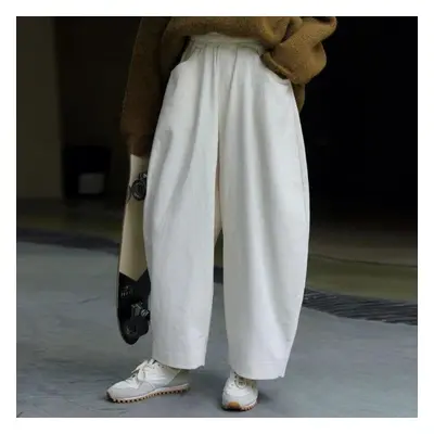 (white, S) Johnature Winter Japanese Casual Corduroy Elastic Waist Ankle-length Pants Solid Colo