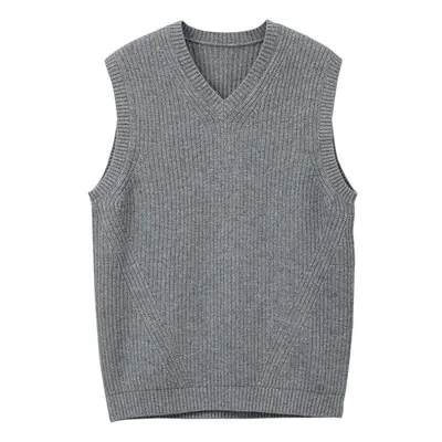 (grey, L) Men&apos;s V-neck Knitted Sweater Vest Plain Sleeveless Pullover Knitwear Loose Fit Al