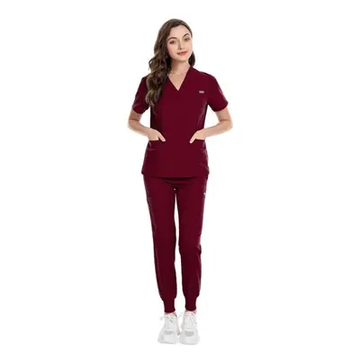 (wine red, XXL) Men&apos;s And Women&apos;s V-neck Short Sleeved Surgical Suit Hospital Nurse Su