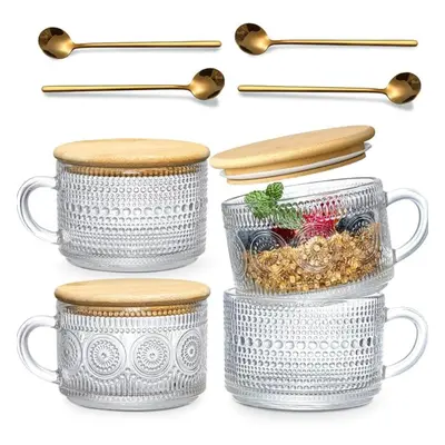 (as the picture, Pcs) 2/4/6pcs Glass Coffee Cups With Bamboo Lids And Spoons Vintage Coffee Mugs