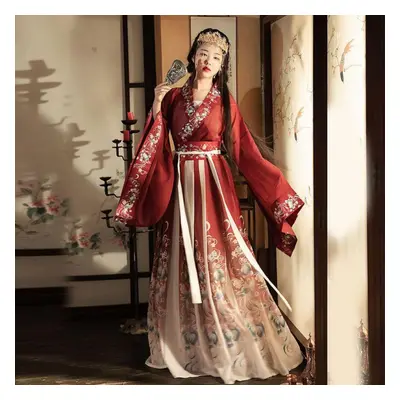 (red, M) Chinese Wei And Jin Dynasty Style Hanfu Daily Cross Collar Women&apos;s Suit