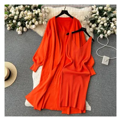 (orange, One Size) French High-end Solid Color Knit Fashion Suit Two Pieces Set Women&apos;s Aut