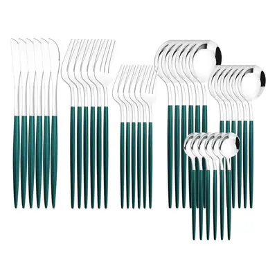 (green,silver) 36pcs Gold Dinnerware Cutlery Set Knife Dessert Fork Coffee Spoon Tableware Weste