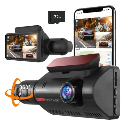 360 Dash Cam, Channel Dash Camera for Cars,1440P Dash Cam Front and Inside,3 Screen,170Wide Angl