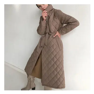 (M, C20266-light coffee) Argyle Long Cotton-padded Parkas Women Belted Thick Warm Winter Jacke