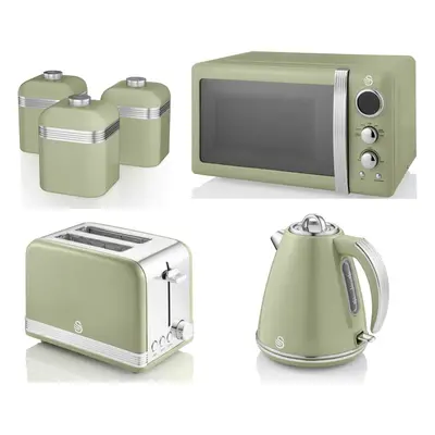 SWAN Retro Green Jug Kettle Slice Toaster Microwave & Canisters Set