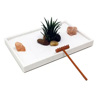 Nature's Mark Mini Zen Garden Kit for Desk with White Sand Rake Whit