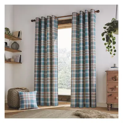 (Teal, x Inch) Catherine Lansfield Tweed Woven Check Eyelet Curtains