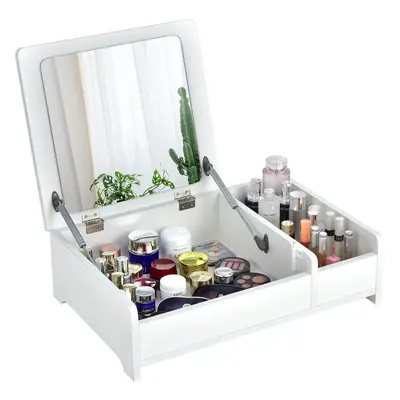 Desktop Makeup Organizer Cosmetic Storage Box with Flip-Top Mirror