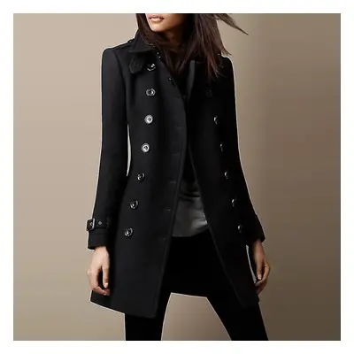 (Black, L) Women's Military Style Stand Collar Woolen Coat Double Breasted Woolen Blends Coat