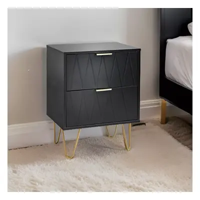 Modern Black Bedside Table - Wooden Nightstand with Storage Drawers