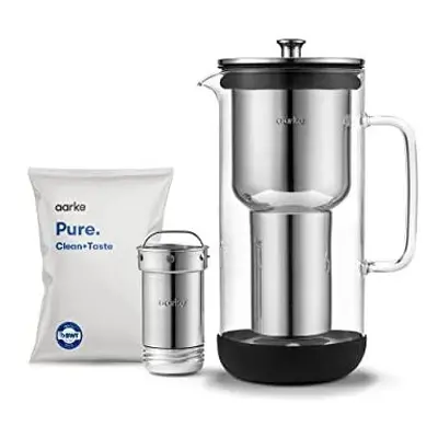 Aarke Purifier, Water Filter Jug in Glass and Stainless Steel, 2.4L / cups, Includes Aarke Pure 