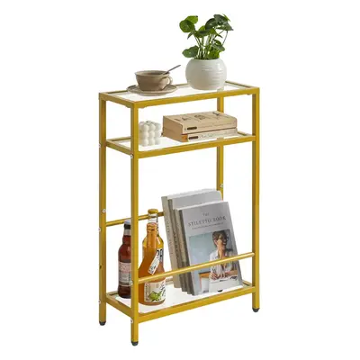 (Glass, Gold) Glass End Table for Small Space, Narrow Side Tables with Storage Shelf, Bedside Ta