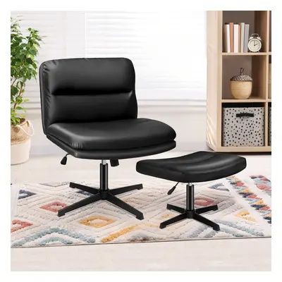 (PU leather - Black) ELFORDSON Office Chair Executive Computer Seat Work Cross Legged Ottoman