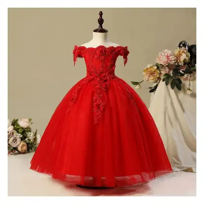 (red, years) New Arrival Pink Flower Girl Communion Dress Lace Beads Dresses Cute Girl Elegant W