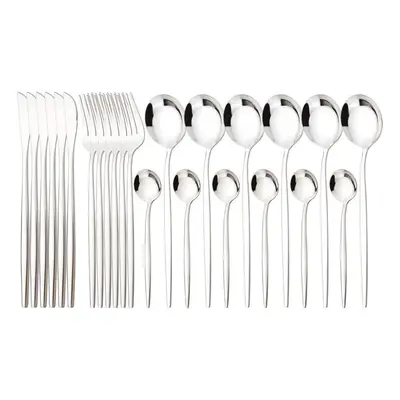 (silver) 24pcs Mint Gold Dinnerware Set Knife Fork Coffee Spoon Cutlery Western Stainless Steel 