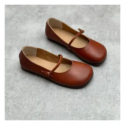 (brown, 37) Johnature Handmade Genuine Leather Flat Shoes Square Toe Soft Sole Comfortable Versa