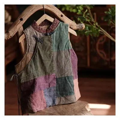 (dark green, One Size) Johnature Women Vintage Patchwork Color Vests Coats Stand Cotton Linen Cl