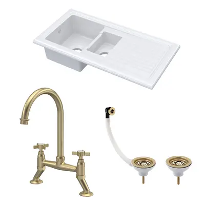 Fireclay Kitchen Bundle - 1.5 Bowl Sink & Drainer, Waste & Bridge Crosshead Tap, 1010mm - Brushe