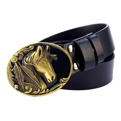 (black, 115cm) Golden Horse Patten Buckle Belt Cowskin Leather Steed Fashion Western Waistband W