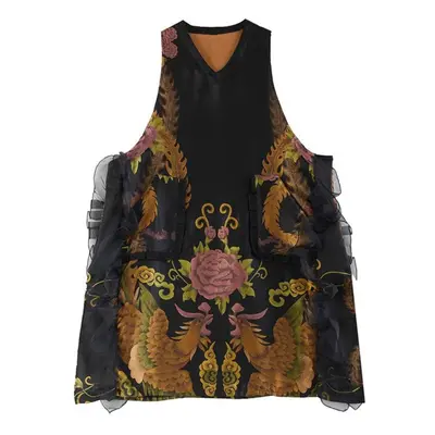 (black, One Size) Xitao Sleeveless Jacquard Dress Vintage Chinese Phoenix Pattern Contrast Color