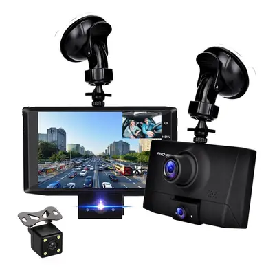 (black) 4-inch Ips Screen Three Lens Dash Cam 1080p Hd Wide Angle Three Recording Car Camera, Mo